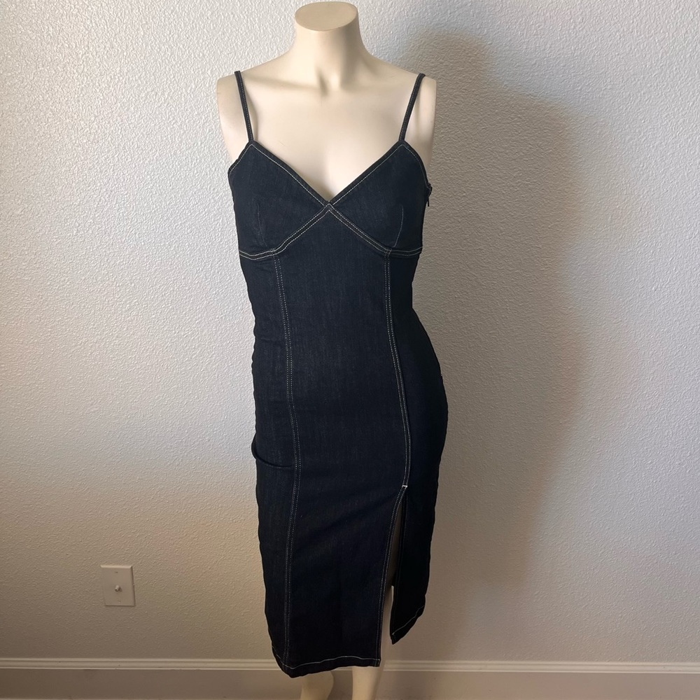 Topshop Black Spaghetti Strap Denim Midi Dress with Slit Front US Size 4 - Picture 2 of 11